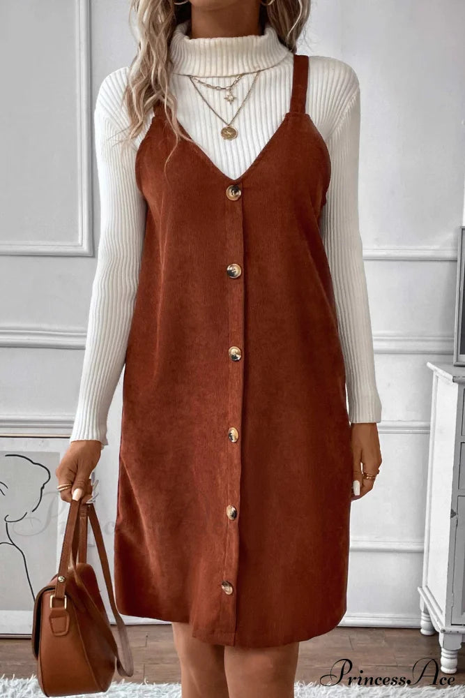 V Neck Corduroy Cami Dress Brown / L Mini Dresses