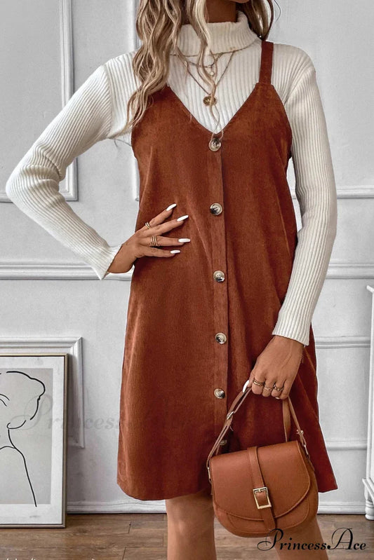 V Neck Corduroy Cami Dress Brown / M Mini Dresses