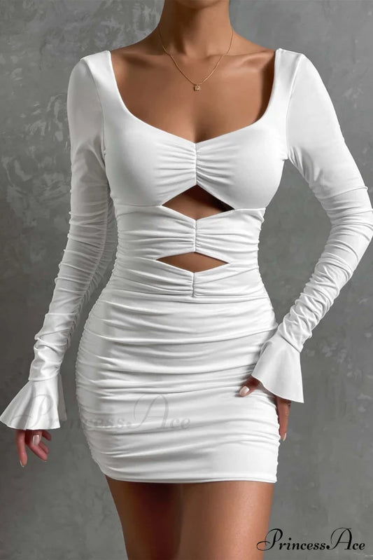 V Neck Cutout Bell Sleeve Pleated Dress White / S Mini Dresses