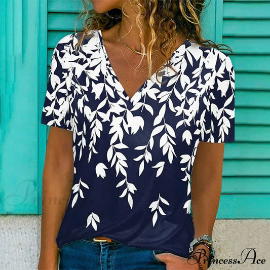 Stylish V-Neck Leaf Print T-Shirt Navy Blue best Best Sellings clothes Plus Size Sale tops Topseller