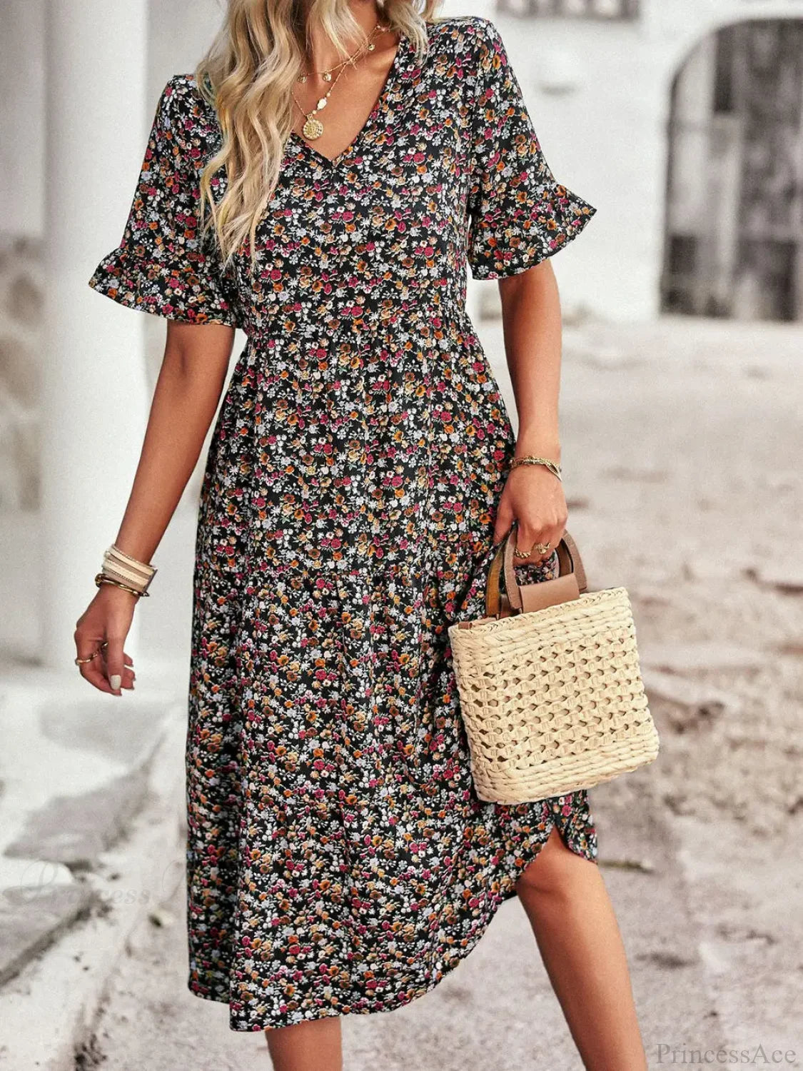 V-neck Elegant Floral Print A-line Holiday Dress Black / S oldfloraldress-250126