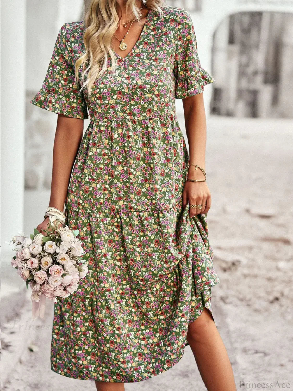 V-neck Elegant Floral Print A-line Holiday Dress Green / S oldfloraldress-250126
