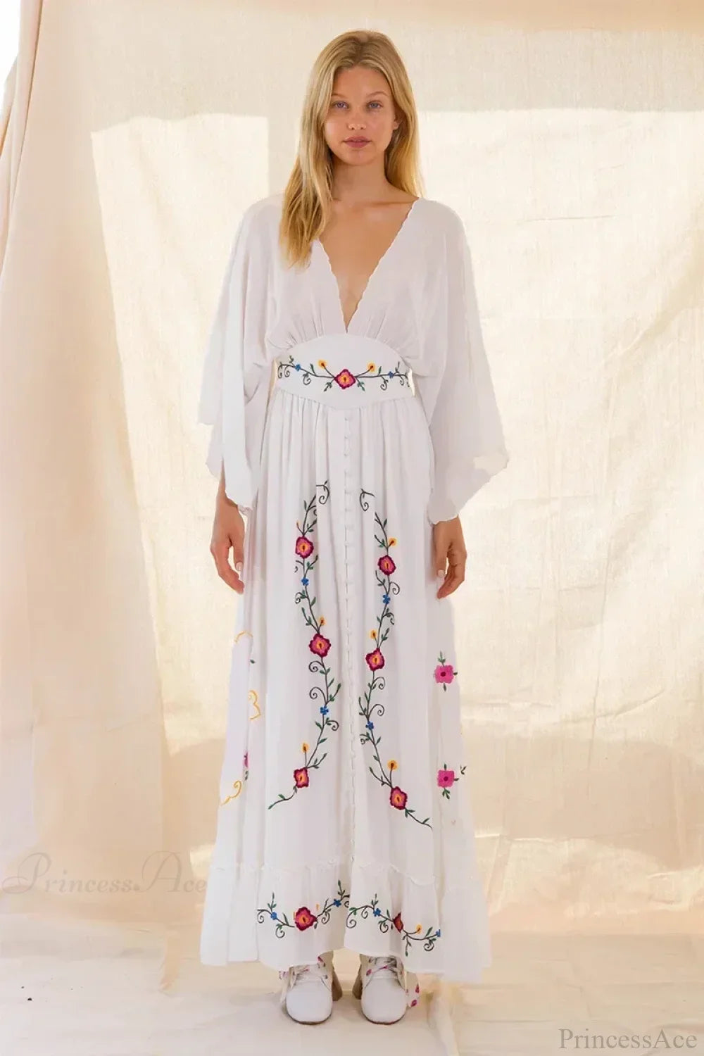 V-neck Embroidery Flower Retro National Boho Dress bohodress-250126