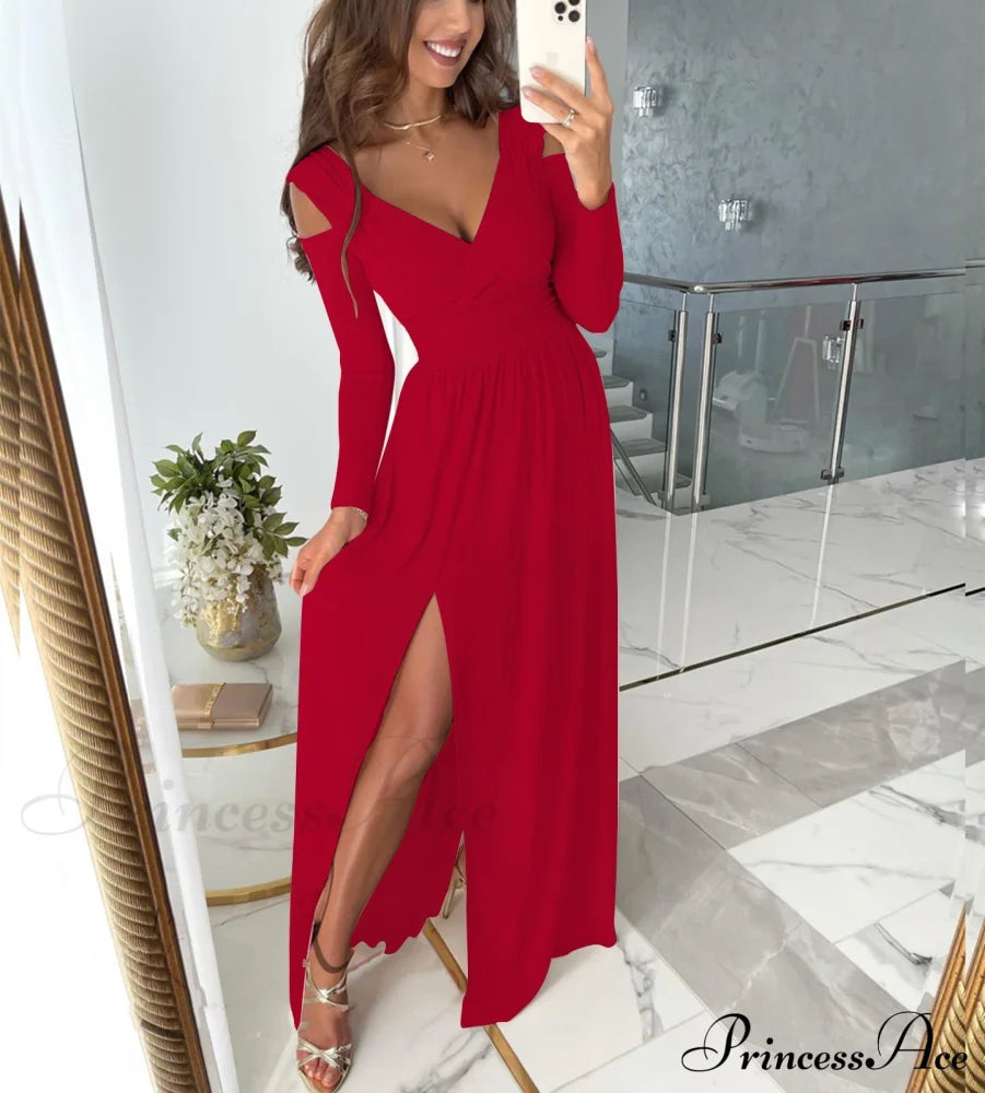 V-Neck Evening Fashion Party For Elegant - Split Gown Warm-Season With Women’s Side Clubwear