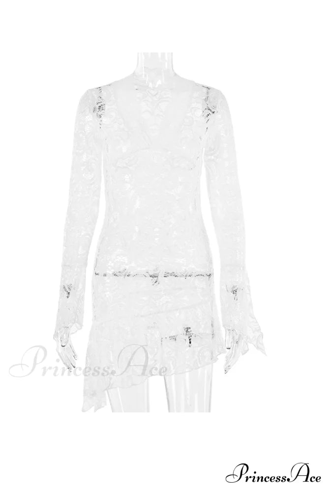 V Neck Flares Sleeve Lace Dress White / S Mini Dresses