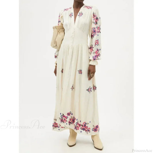 V-neck Floral A-line Lantern Sleeve Cotton Boho Dress Beige / S bohodress-250126