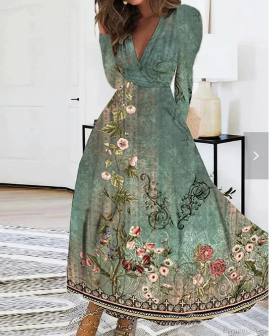 V Neck Floral Maxi Dress Green / S oldfloraldress-250126
