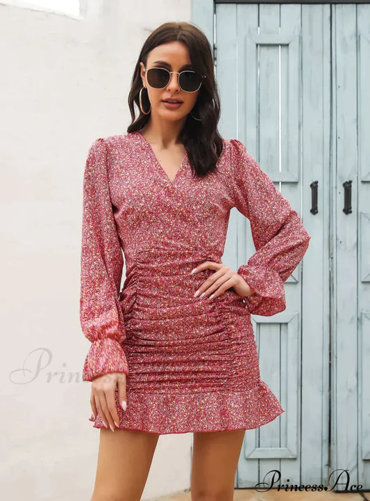 V-Neck Flounce Printed Chiffon Dress With Pleats S / Gray Dresses