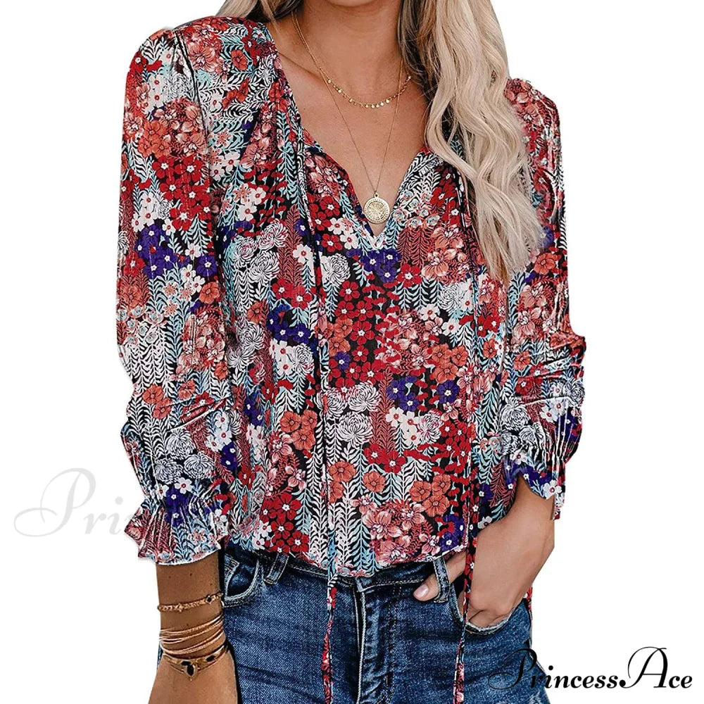 Dokotoo Women's Casual Boho Floral Printed V-Neck Top Blue __stock:500 clothes refund_fee:800 tops