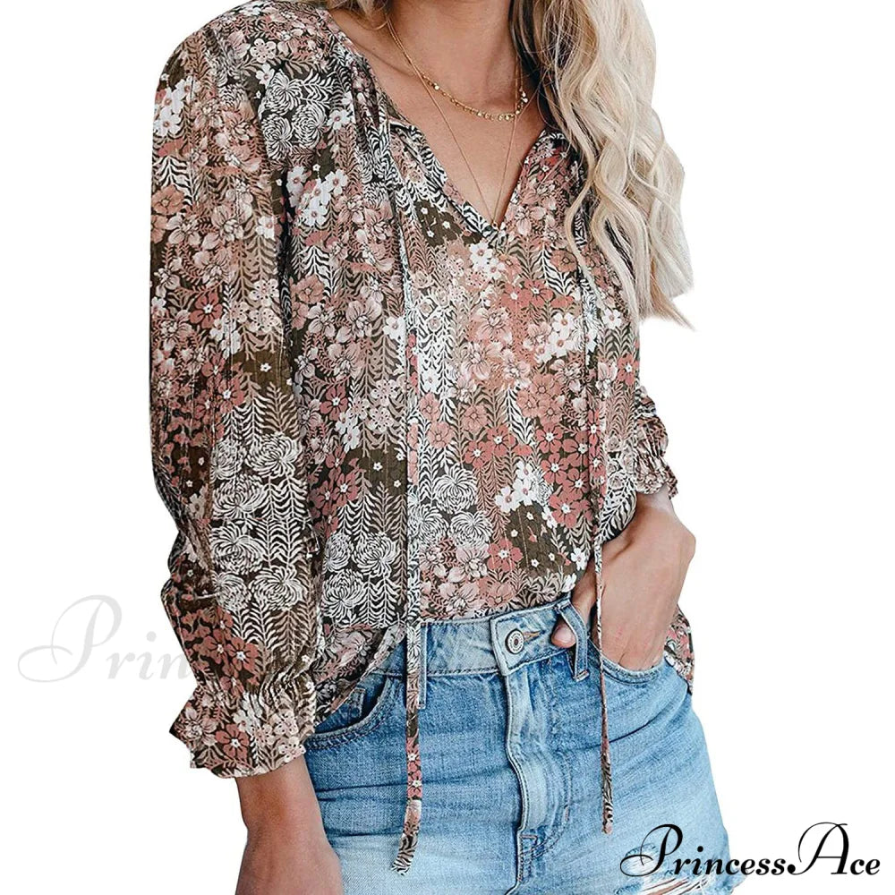 Dokotoo Women's Casual Boho Floral Printed V-Neck Top Khaki __stock:500 clothes refund_fee:800 tops