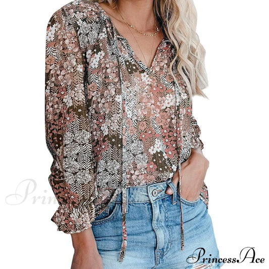 Dokotoo Women's Casual Boho Floral Printed V-Neck Top Khaki __stock:500 clothes refund_fee:800 tops