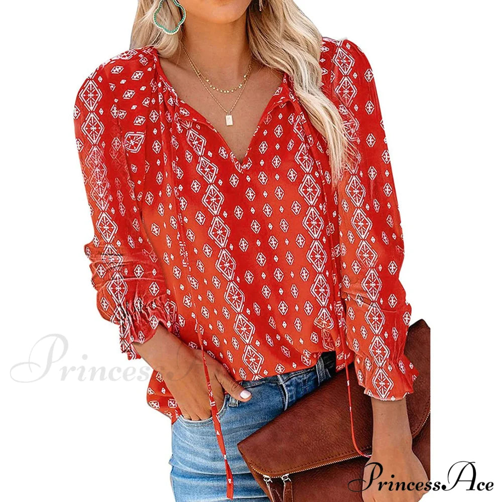 Dokotoo Women's Casual Boho Floral Printed V-Neck Top Red __stock:500 clothes refund_fee:800 tops