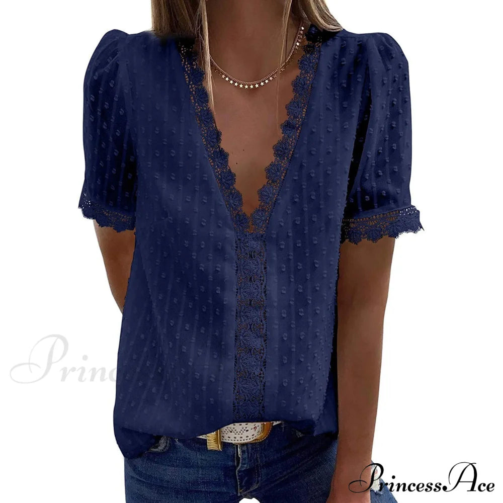 Women's Sexy Lace V-Neck Top Blue __stock:200 clothes refund_fee:800 tops