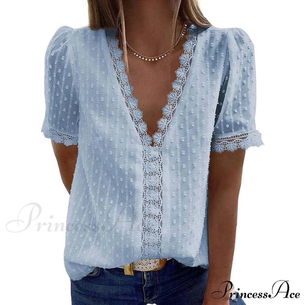 Women's Sexy Lace V-Neck Top Sky Blue __stock:200 clothes refund_fee:800 tops