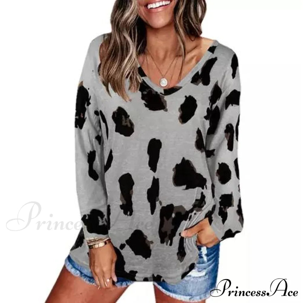 Women's V-Neck Leopard Print Inspired Top Gray __stock:500 clothes refund_fee:800 tops