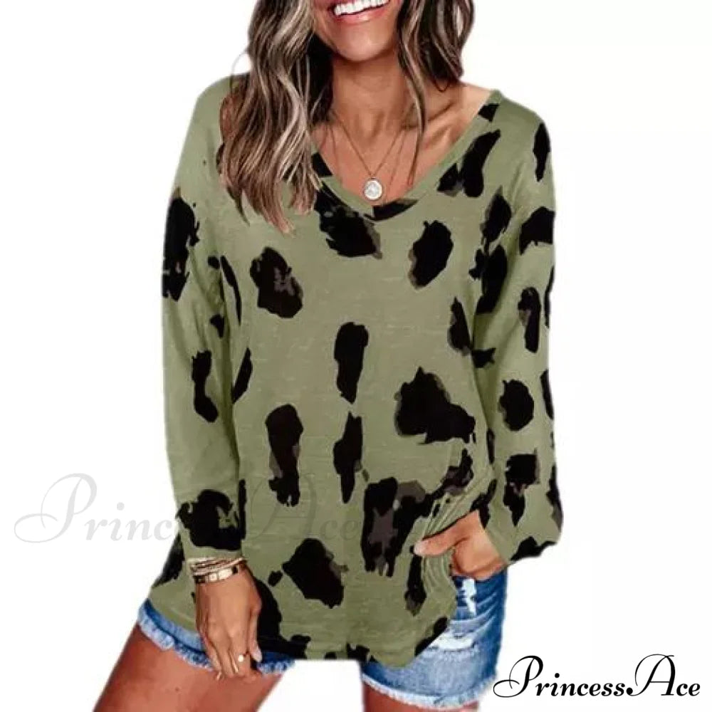 Women's V-Neck Leopard Print Inspired Top Green __stock:500 clothes refund_fee:800 tops