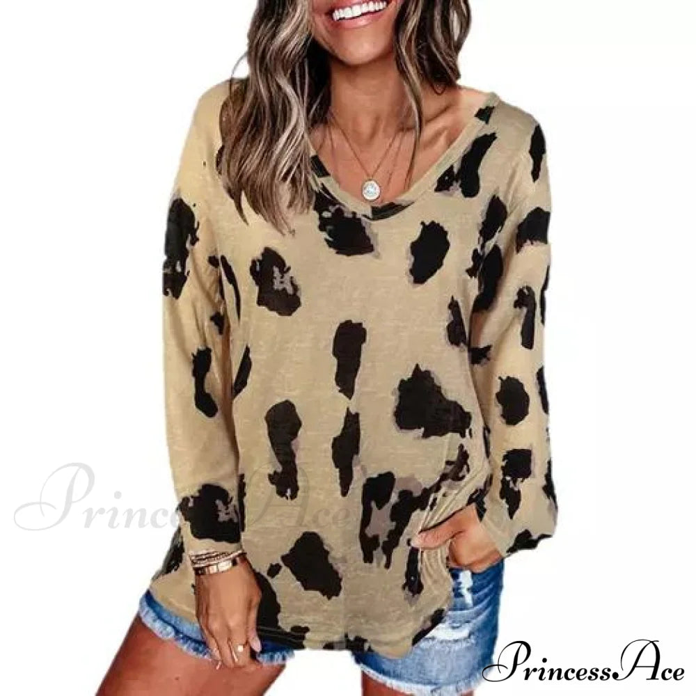 Women's V-Neck Leopard Print Inspired Top Khaki __stock:500 clothes refund_fee:800 tops