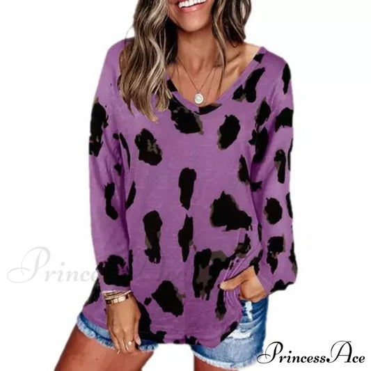 Women's V-Neck Leopard Print Inspired Top Purple __stock:500 clothes refund_fee:800 tops