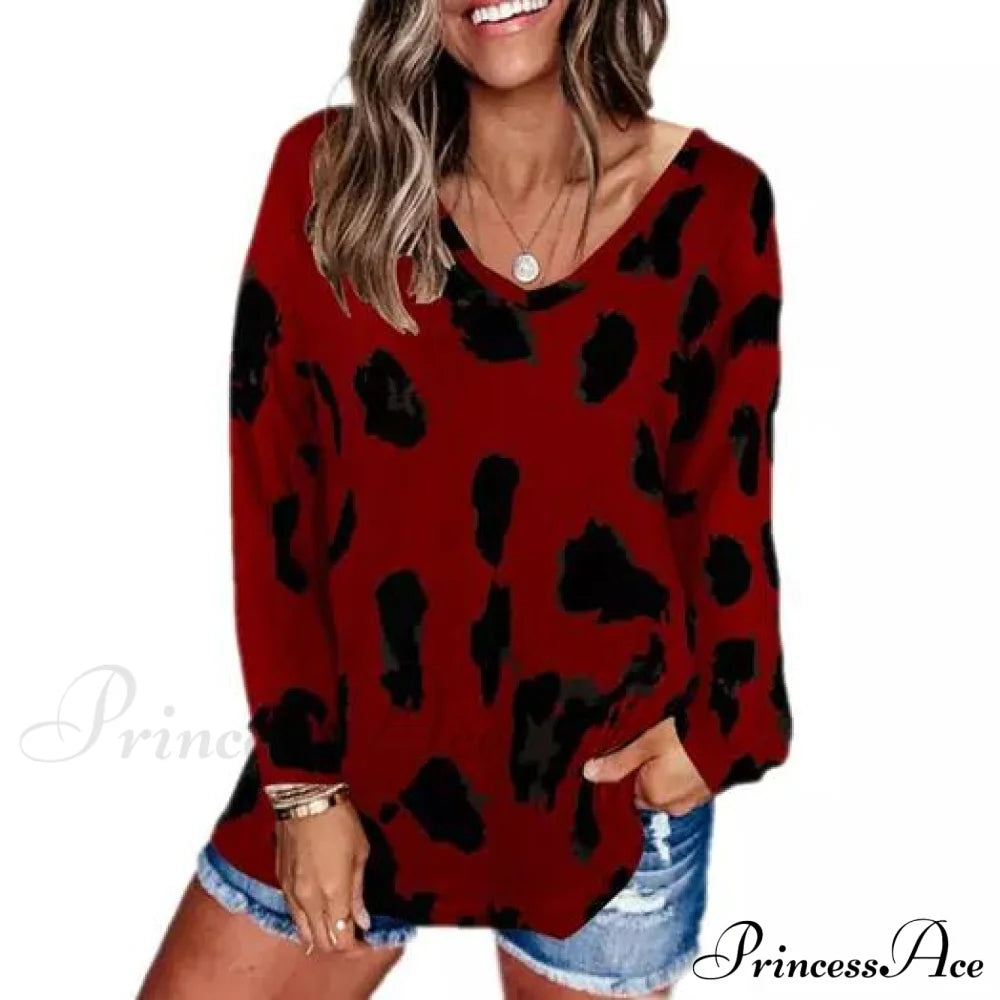 Women's V-Neck Leopard Print Inspired Top Wine __stock:500 clothes refund_fee:800 tops