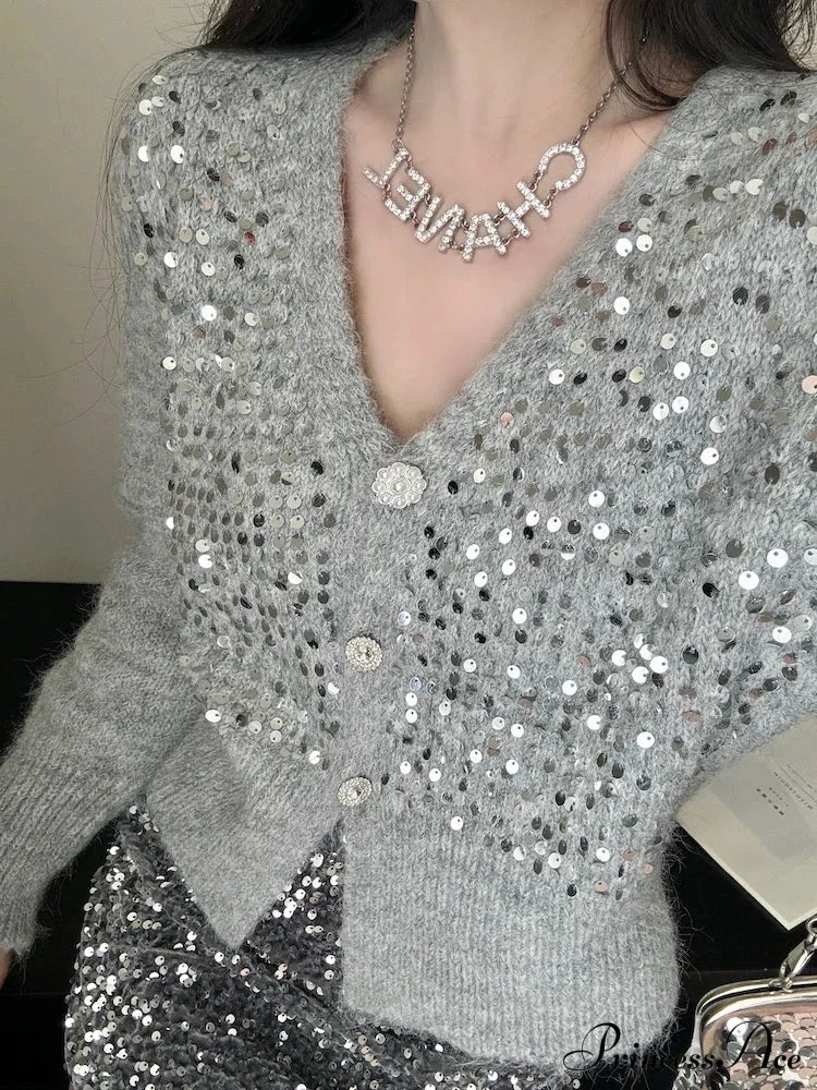 V-Neck Gray Sequin Short Knit Cardigan Cardigan-241208