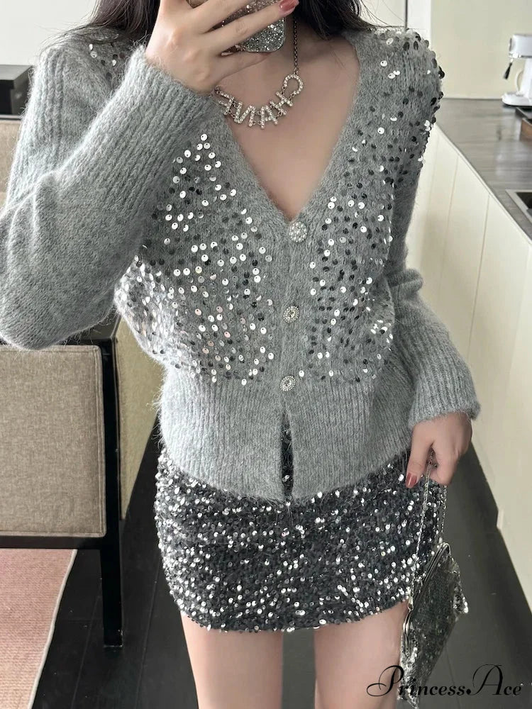 V-Neck Gray Sequin Short Knit Cardigan Gray / One Size Cardigan-241208