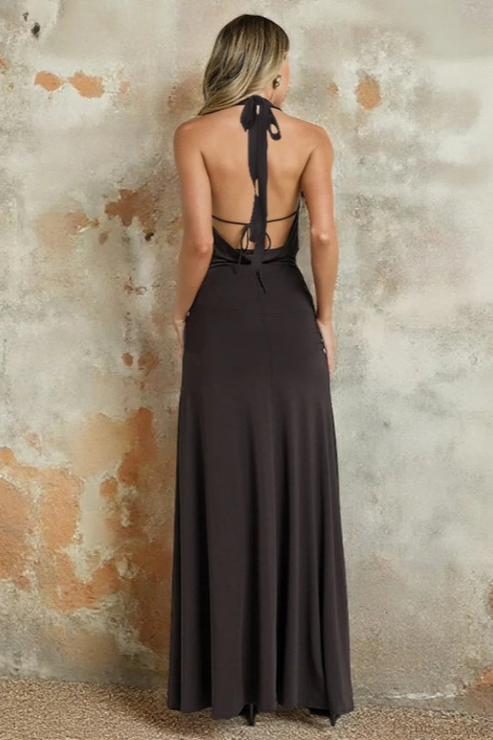 V-Neck Halter High Slit Fitted Party Dress