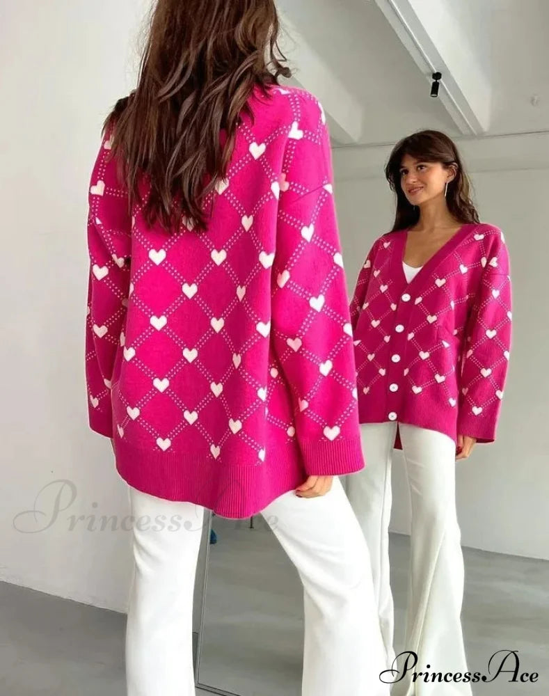 V-Neck Heart Pattern Pocket Cardigan Deep Pink / S Cardigan-241208