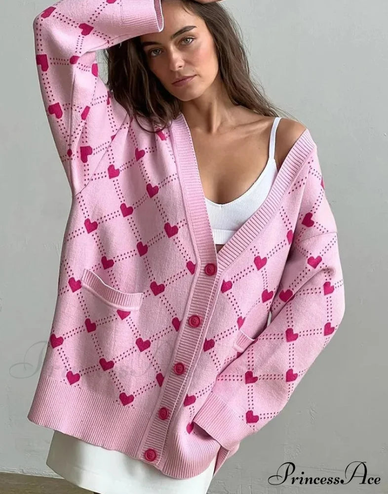 V-Neck Heart Pattern Pocket Cardigan Light Pink / S Cardigan-241208