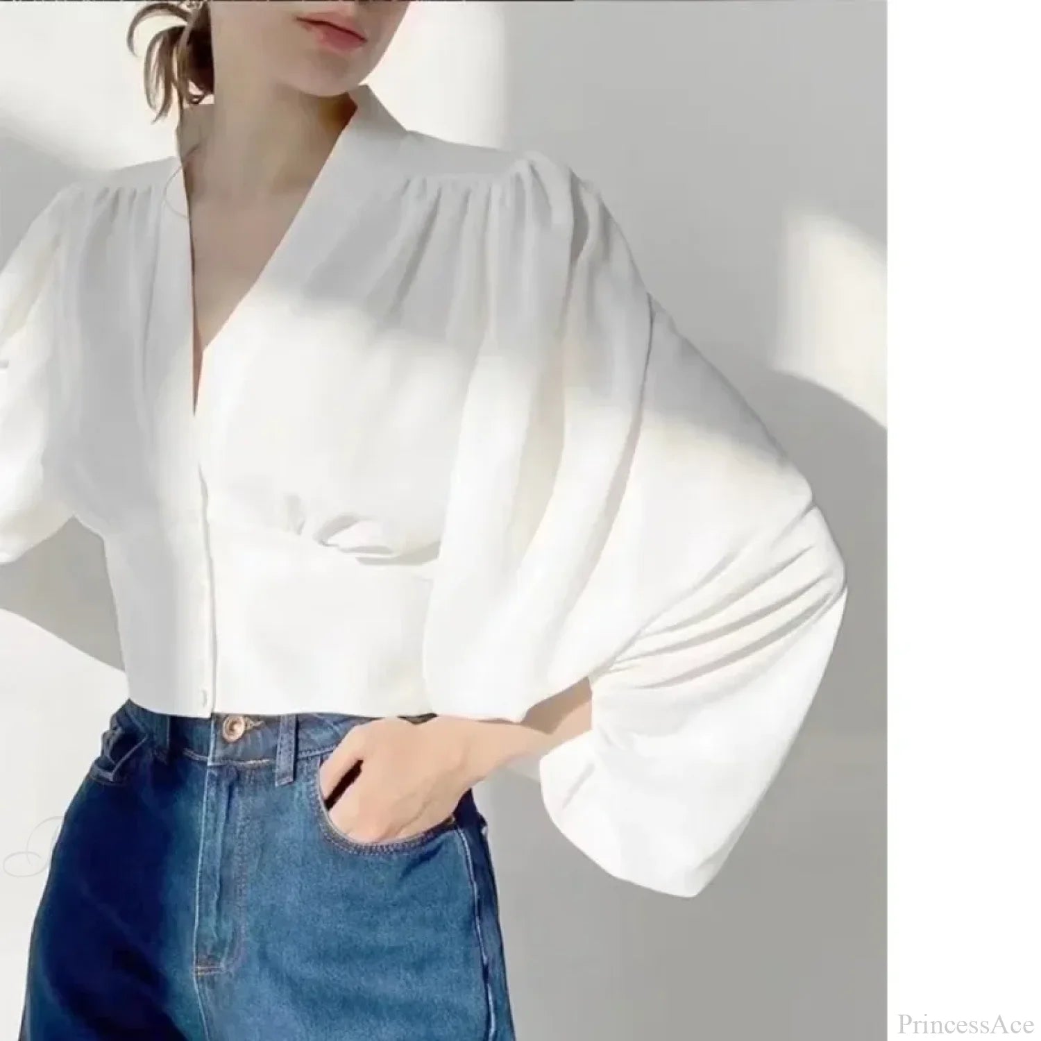 V-neck High Waist Lantern Sleeve Satin Blouse WHITE / One Size blouse-250126