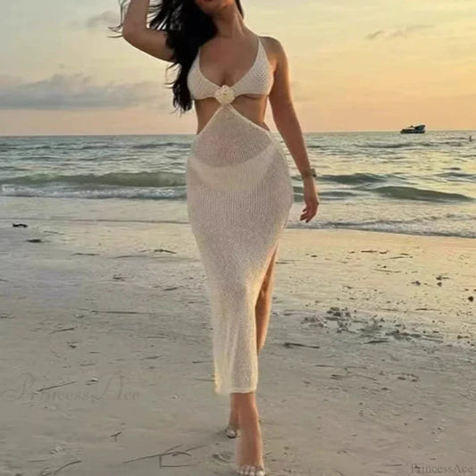 V Neck Hollow Knitted Beach Dress Bikini Set 01 White / S