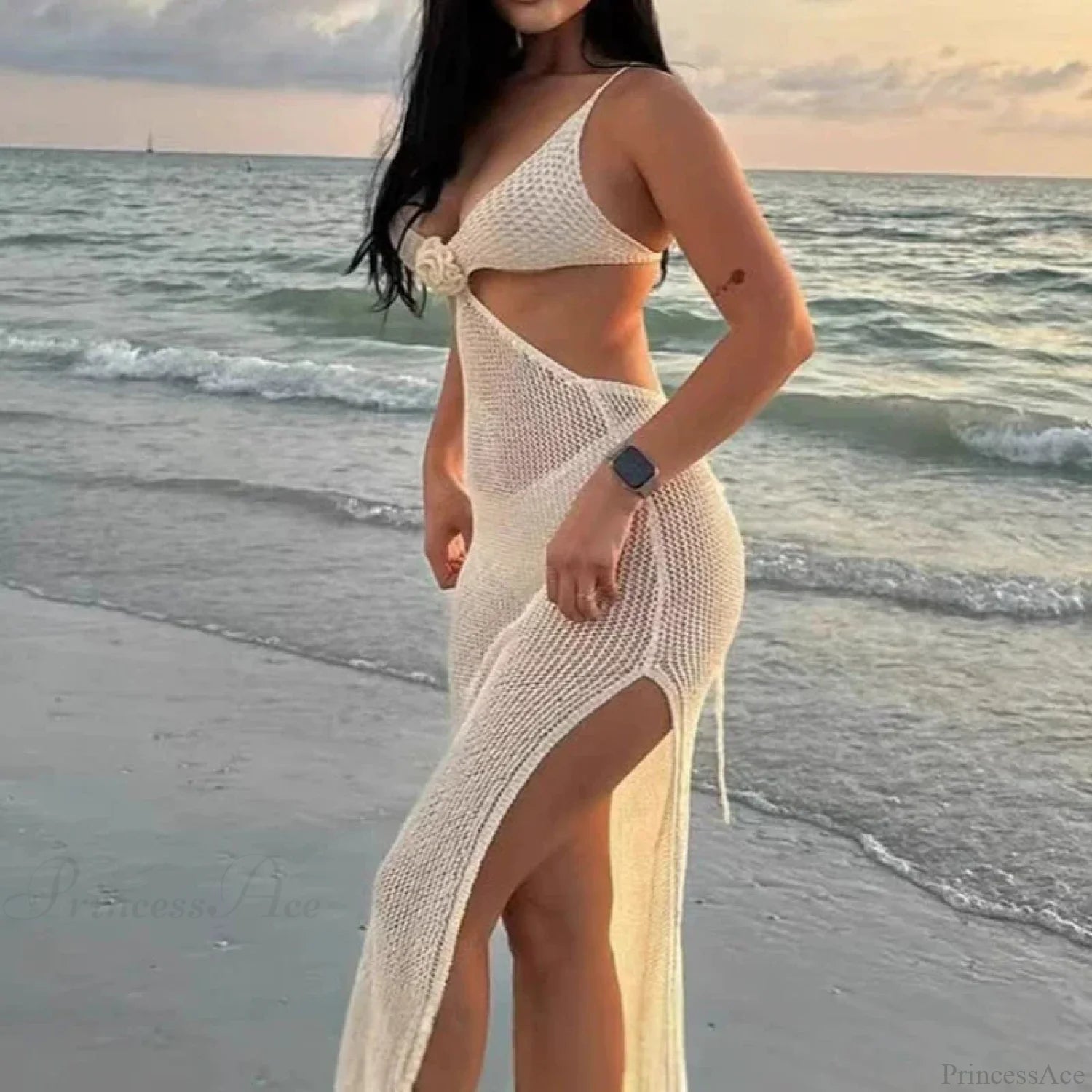 V Neck Hollow Knitted Beach Dress Bikini Set
