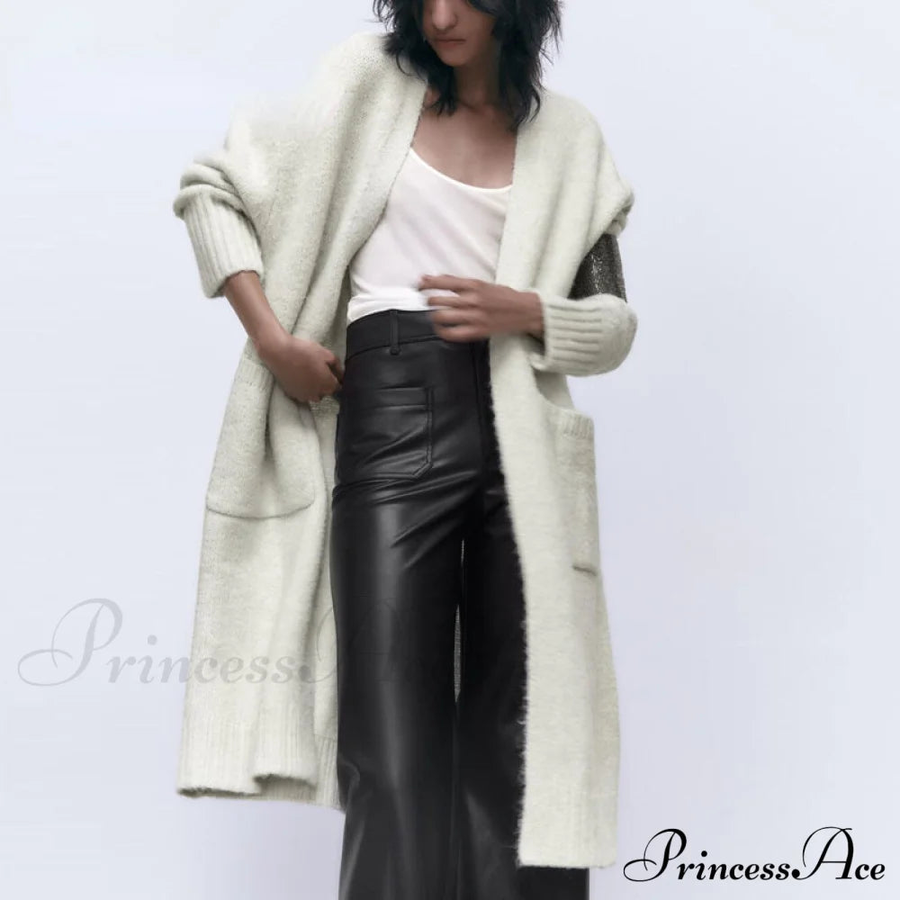 V Neck Knit Long Cardigan Coat Female Soft Sweaters