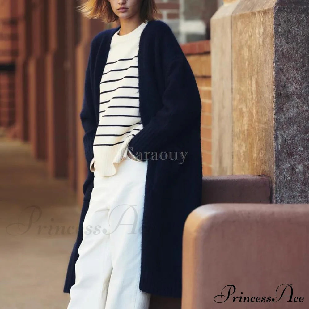 V Neck Knit Long Cardigan Coat Female Soft Sweaters