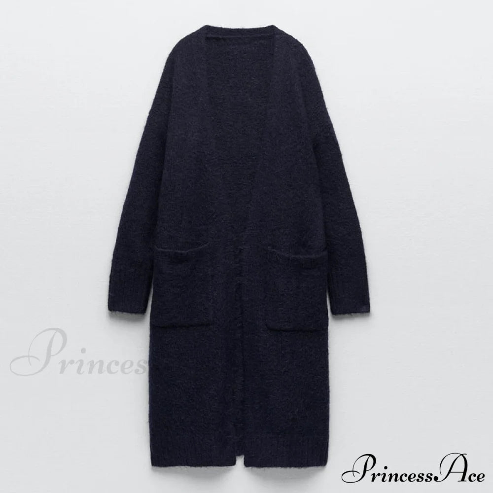 V Neck Knit Long Cardigan Coat Female Soft Sweaters Blue / S