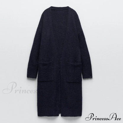 V Neck Knit Long Cardigan Coat Female Soft Sweaters Blue / S