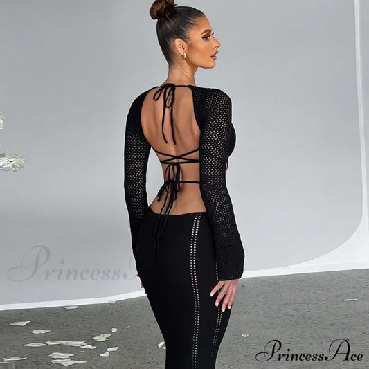 V Neck Knitted Maxi Dress Black / S