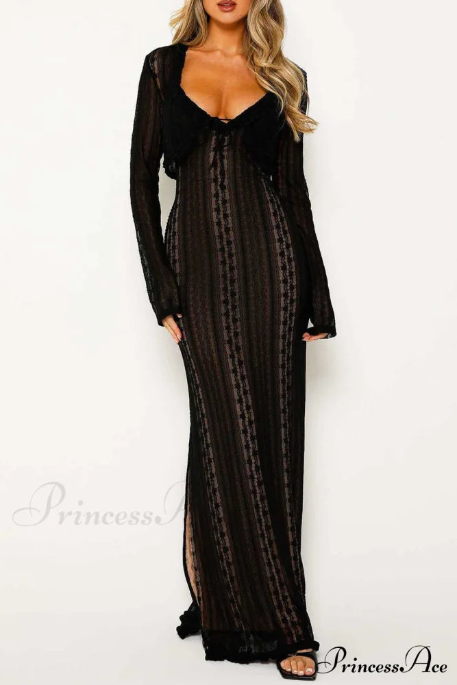 V Neck Lace Two-Piece Dress With Slit Black / L Maxi Dresses