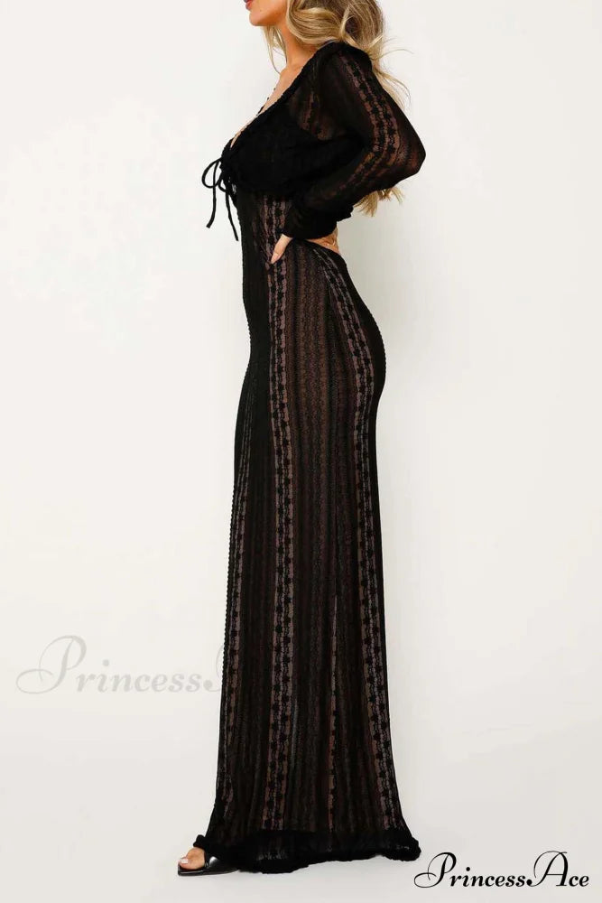 V Neck Lace Two-Piece Dress With Slit Maxi Dresses