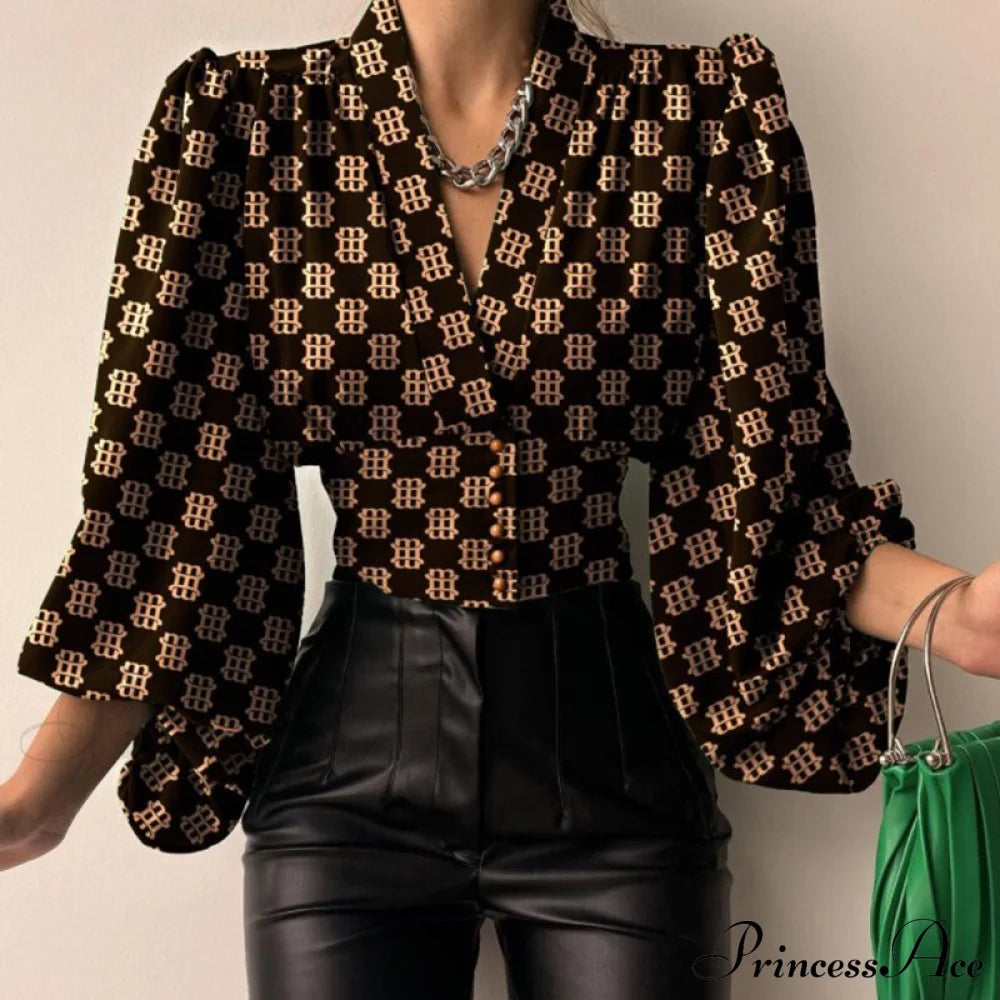 V-Neck Lantern Sleeve Patchwork Printing Blouse