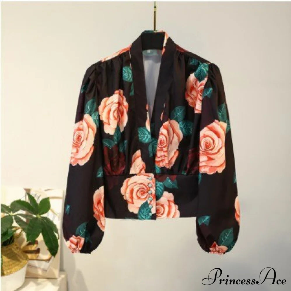 V-Neck Lantern Sleeve Patchwork Printing Blouse Flowers / S