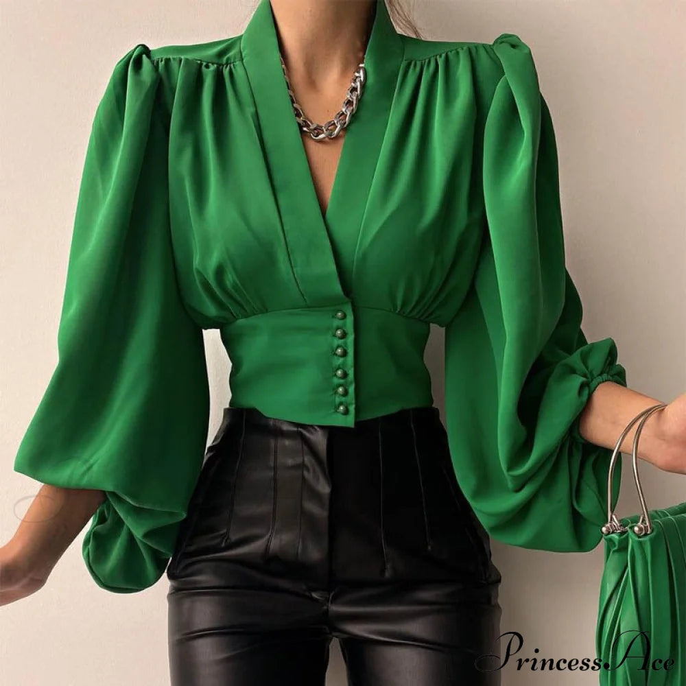 V-Neck Lantern Sleeve Patchwork Printing Blouse Green / S