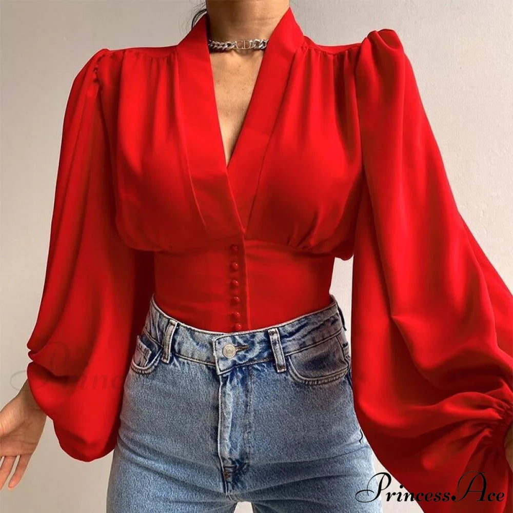 V-Neck Lantern Sleeve Patchwork Printing Blouse Red / S