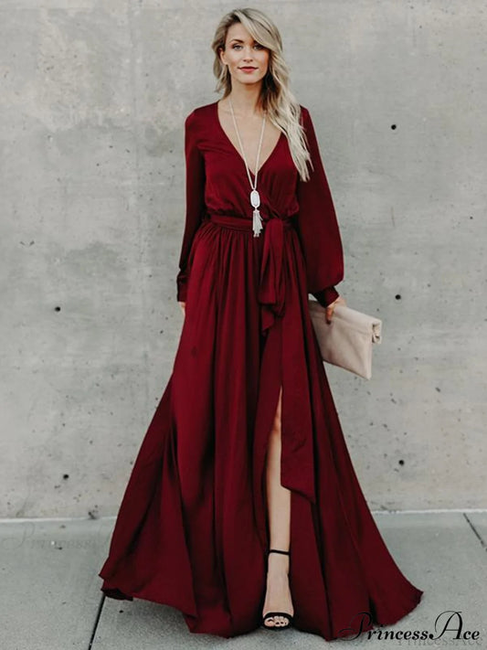 V-Neck Long Sleeves Belted Maxi Dress S / Green Dresses