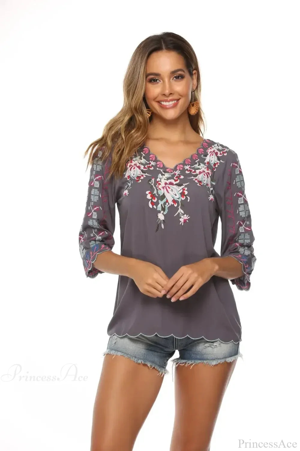 V-Neck Loose Casual Cotton Floral Embroidery Boho Blouse Grey / S bohoblouse-250126