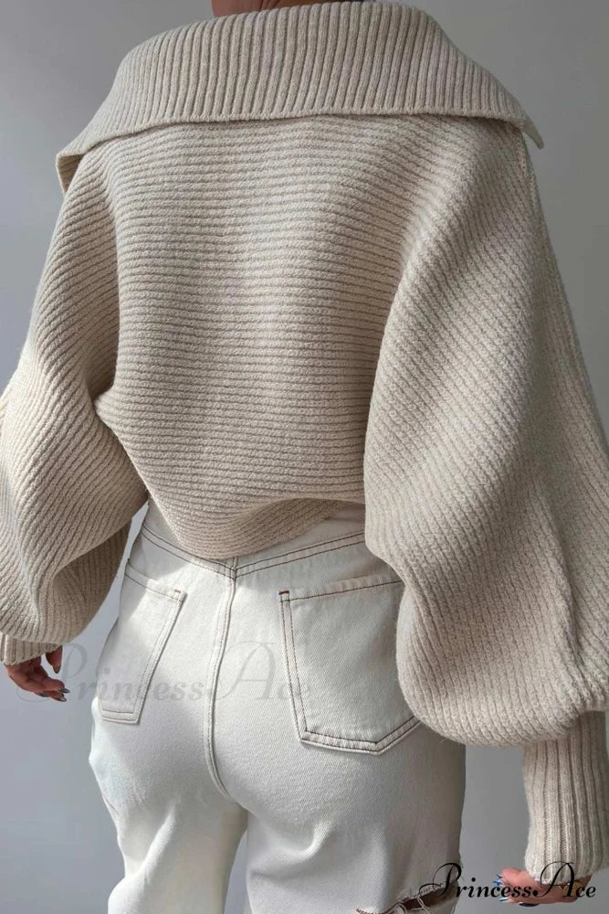 V Neck Puff Sleeve Sweater With Lapel Beige / L Sweaters-L