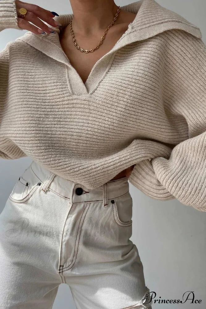 V Neck Puff Sleeve Sweater With Lapel Beige / M Sweaters-L