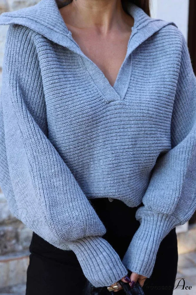 V Neck Puff Sleeve Sweater With Lapel Blue / L Sweaters-L