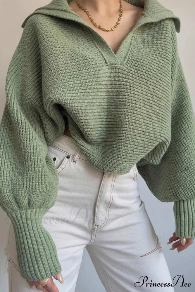 V Neck Puff Sleeve Sweater With Lapel Green / L Sweaters-L