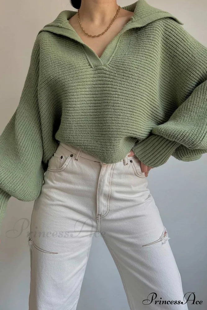 V Neck Puff Sleeve Sweater With Lapel Green / S Sweaters-L