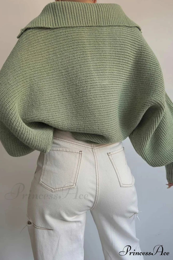 V Neck Puff Sleeve Sweater With Lapel Green / Xl Sweaters-L